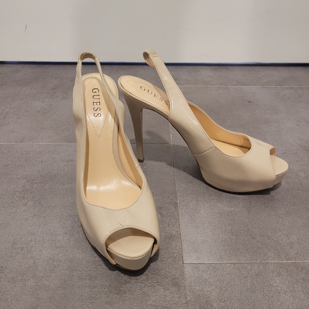 Guess Cream Block Heel Slingback Sandals